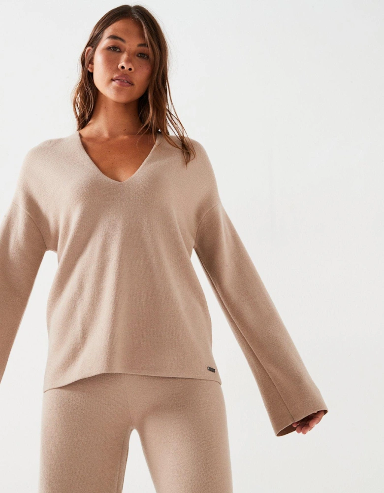 Wool Blend V-Neck Jumper - Beige