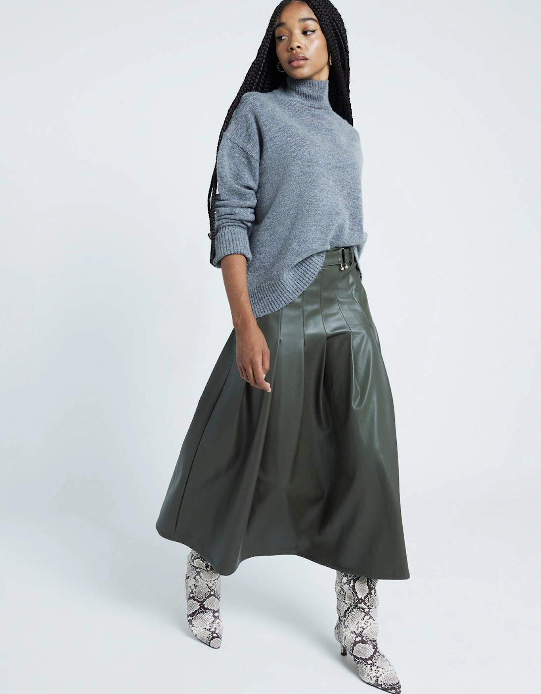 Pu Pleated Midi Skirt - Dark Green