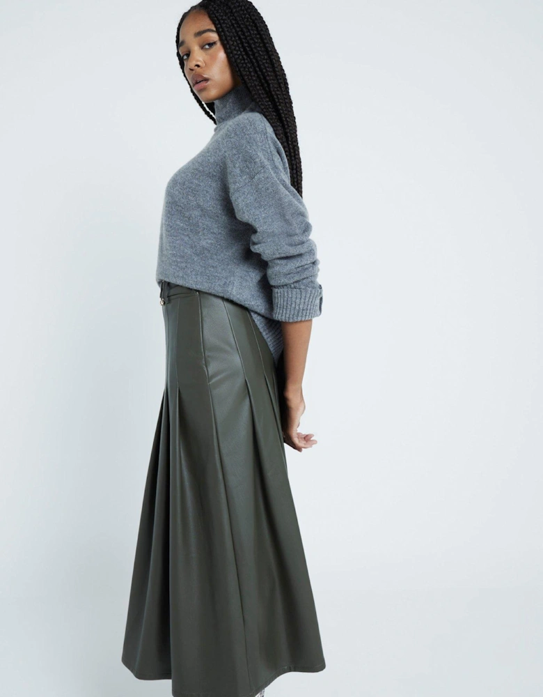 Pu Pleated Midi Skirt - Dark Green