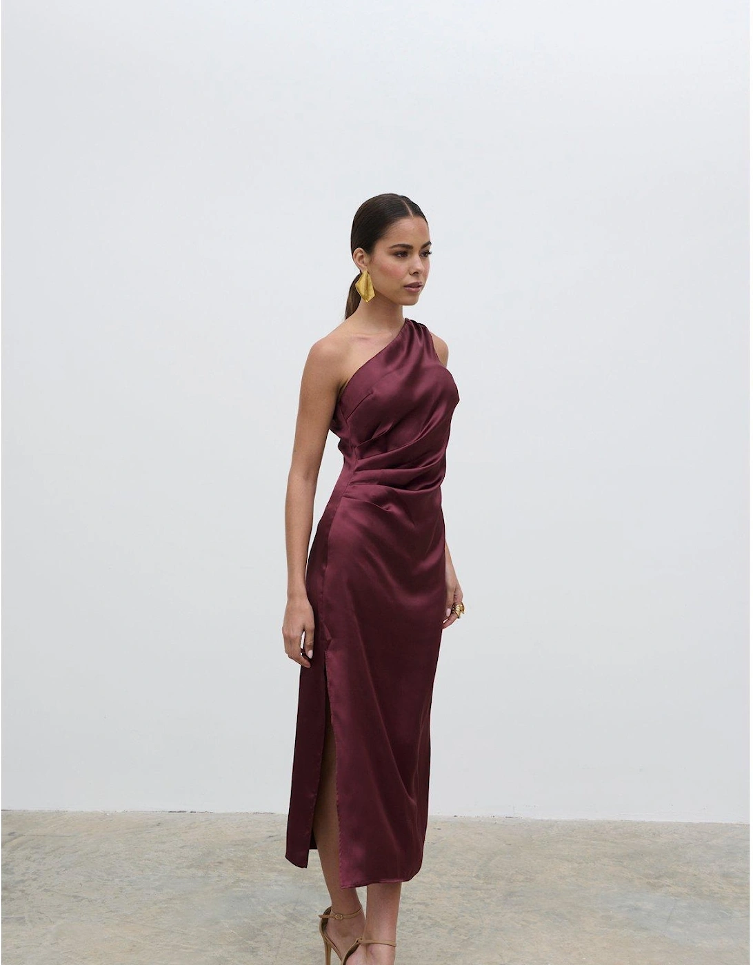 Ruched One Shoulder Midaxi Dress - Plum