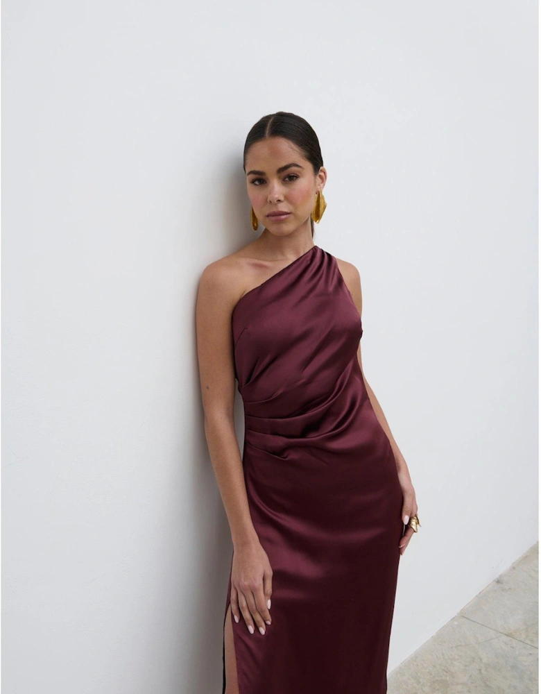 Ruched One Shoulder Midaxi Dress - Plum