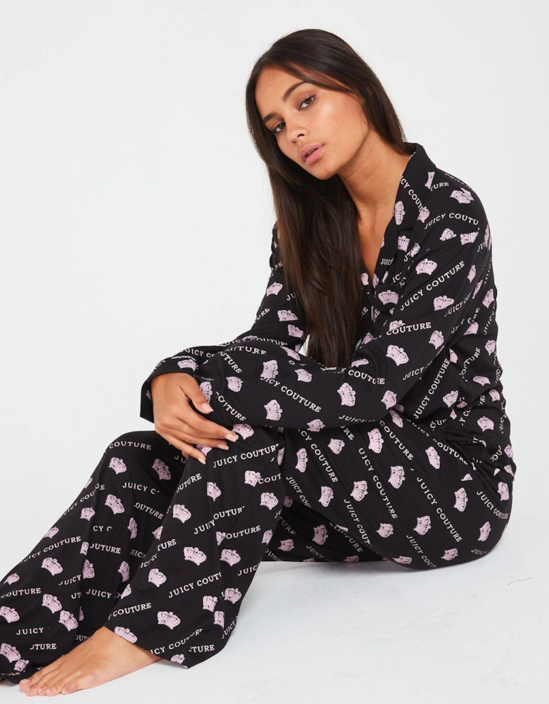 Crown Print Jersey Pyjama Set - Black