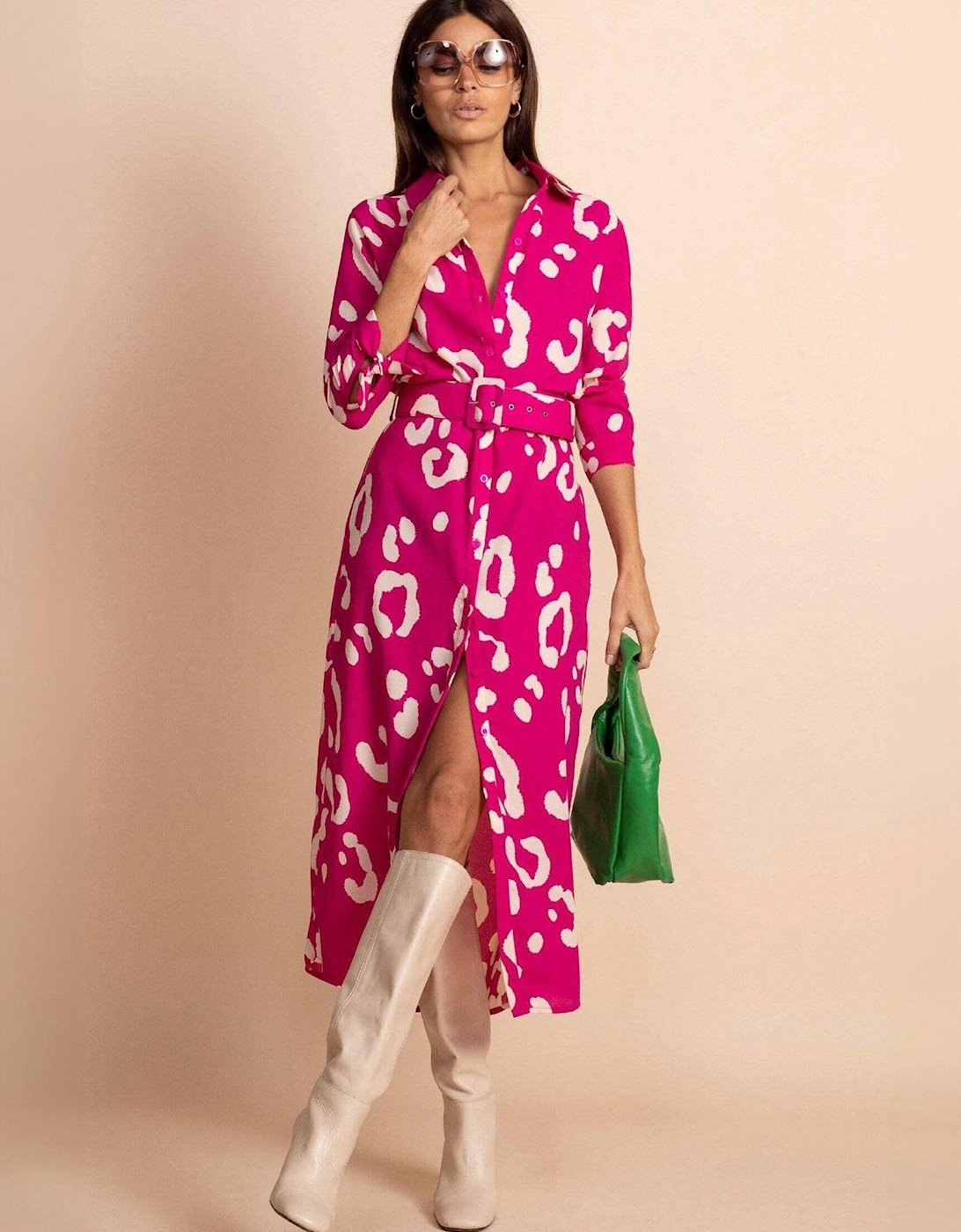 Leopard Print Shirt Midi Dress - Pink