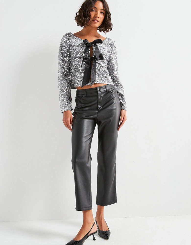 Sequin Long Sleeve Bow Detail Top - Silver