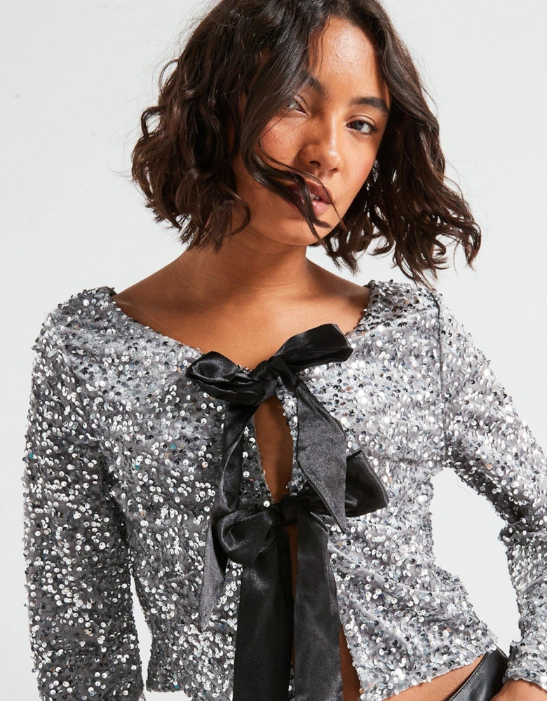 Sequin Long Sleeve Bow Detail Top - Silver