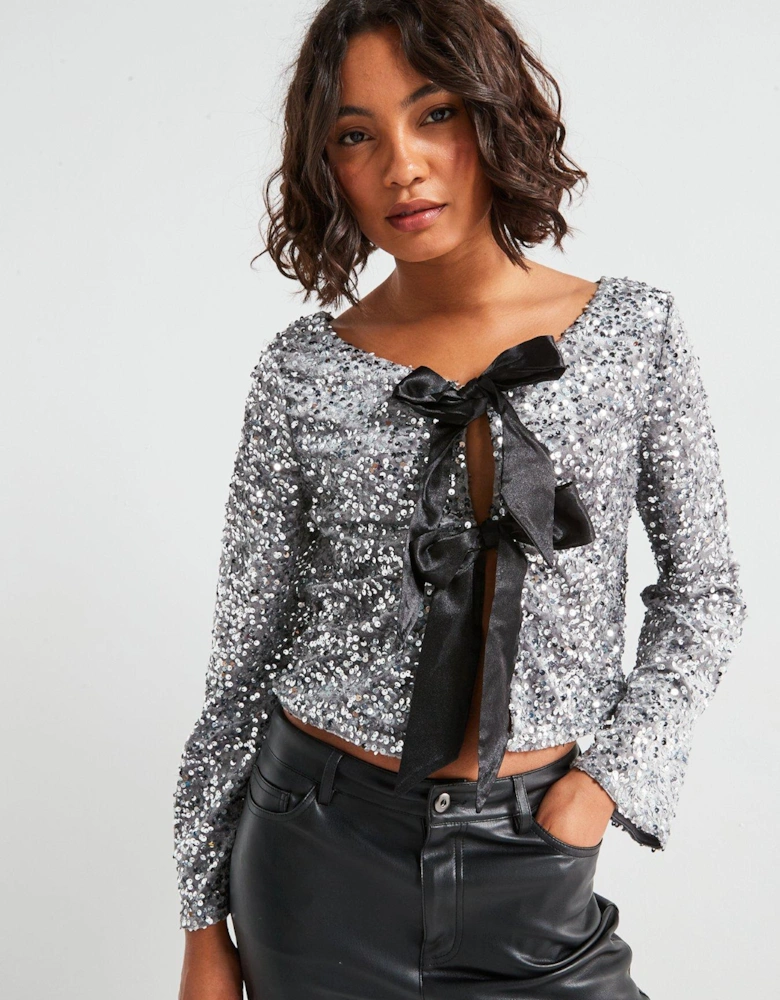 Sequin Long Sleeve Bow Detail Top - Silver