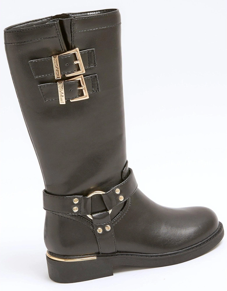 Older Girl Faux Leather Buckle Biker Boots - Black