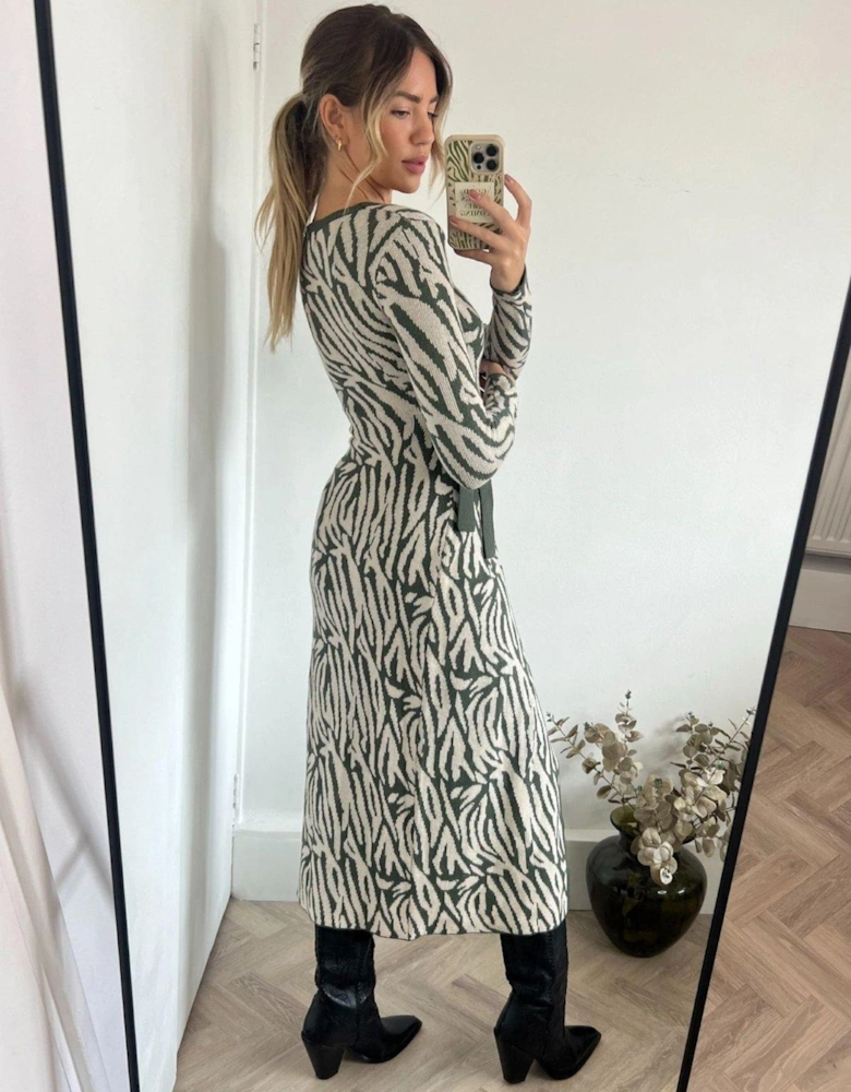 Animal Print Long Sleeve Midi Dress - Green