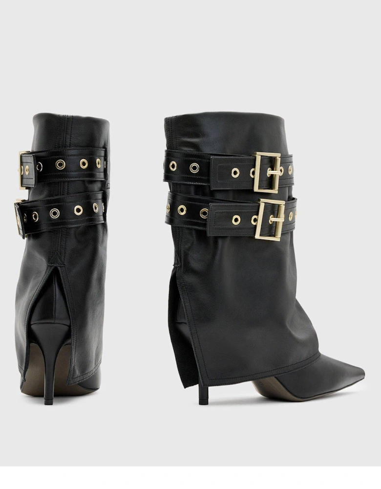 Dua Fold-Over Buckle Leather Boots - Black