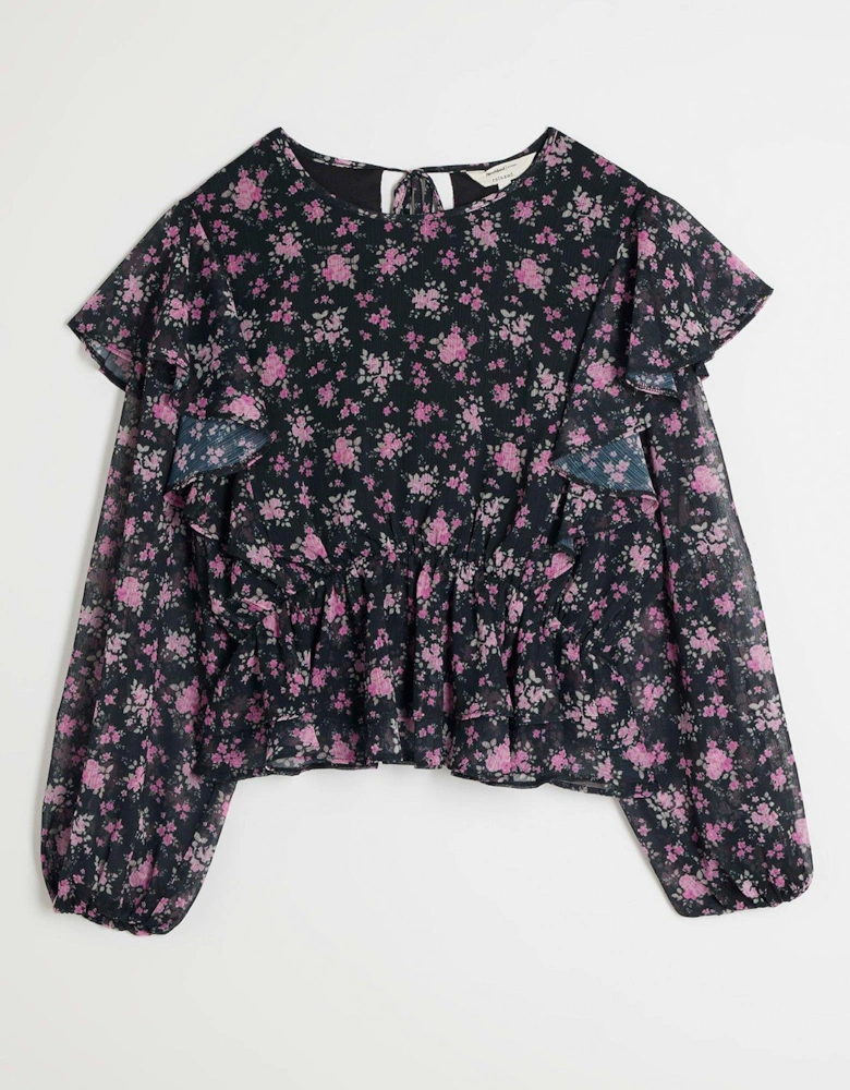 Floral Ruffle Top - Black