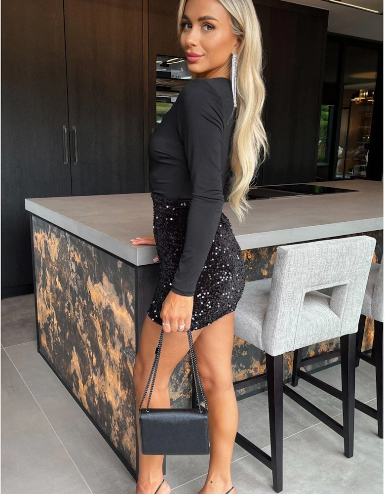 Velvet Sequin 2 In 1 Wrap Long Sleeve Mini Dress - Black