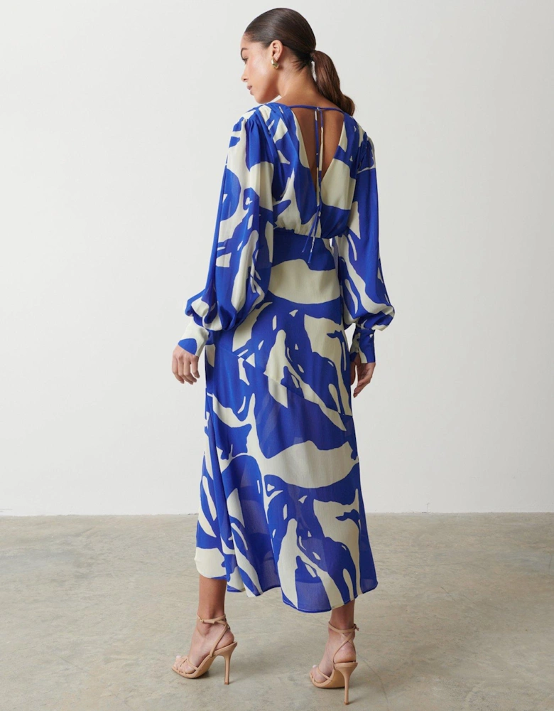 Lilianna Backless Balloon Sleeve Printed Dress - Abstract - Blue