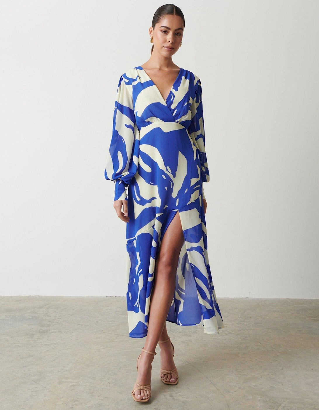 Lilianna Backless Balloon Sleeve Printed Dress - Abstract - Blue