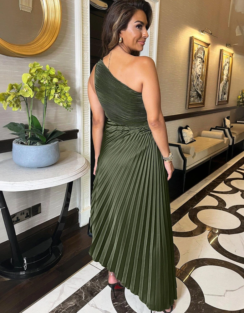 One Shoulder Pleated Satin Midi Dress - Olive - Green