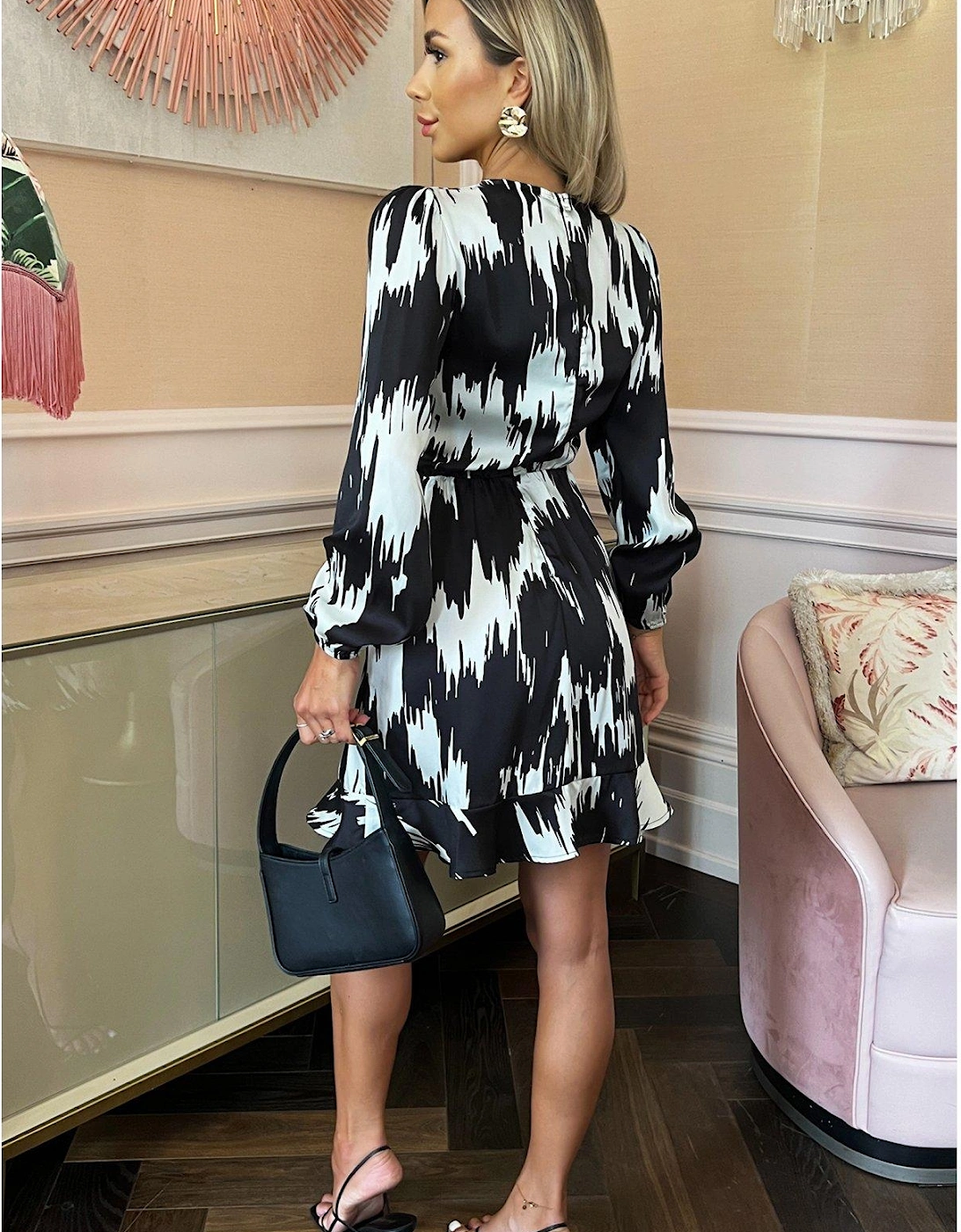 Printed Long Sleeve Mini Dress - Black/White