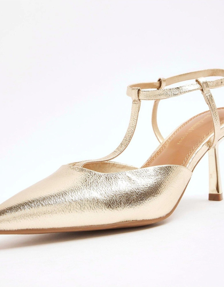 T-Bar Heeled Court Shoe - Gold