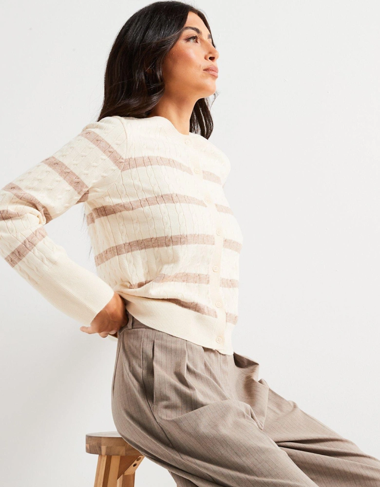 Crew Neck Cable Knit Stripe Cardigan - Beige/Ivory