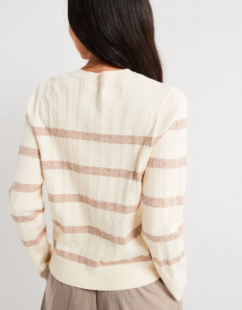 Crew Neck Cable Knit Stripe Cardigan - Beige/Ivory