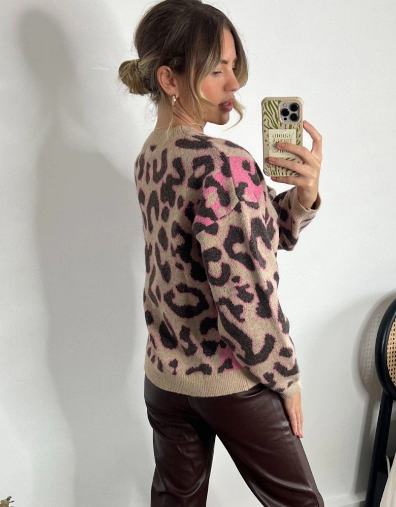 Animal Print Colour Block Jumper - Beige