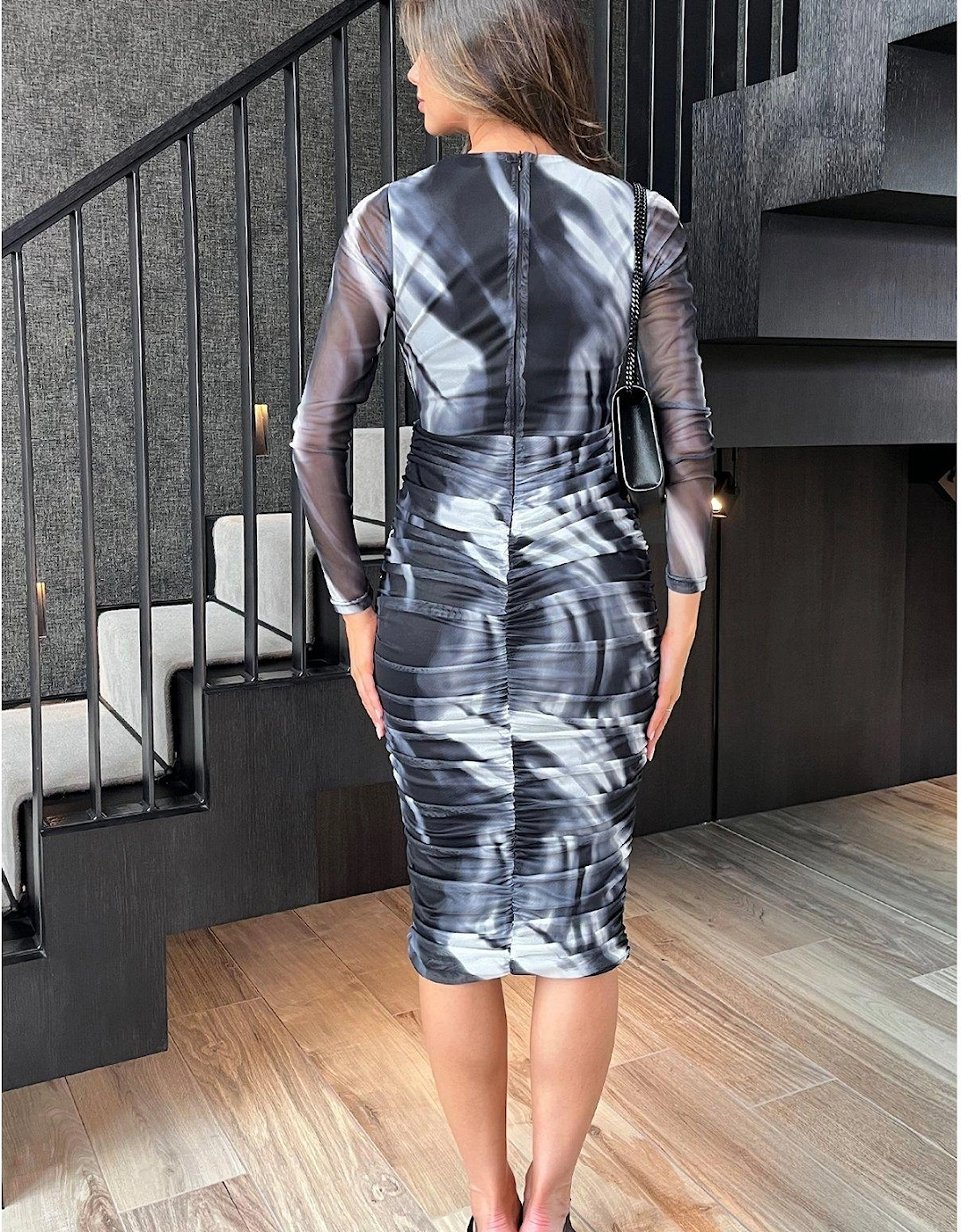 Marble Print Wrap Long Sleeve Midi Dress - Black/White