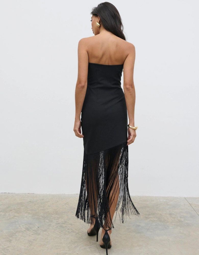 Eliana Bandeau Asymmetric Fringed Dress - Black