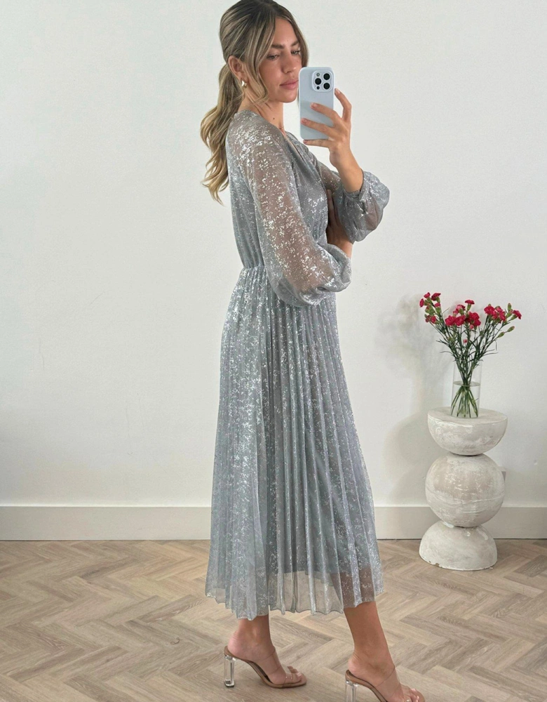 Dannica Metallic Long Sleeve Midaxi Dress - Silver