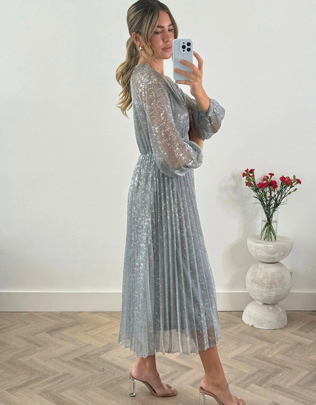 Dannica Metallic Long Sleeve Midaxi Dress - Silver