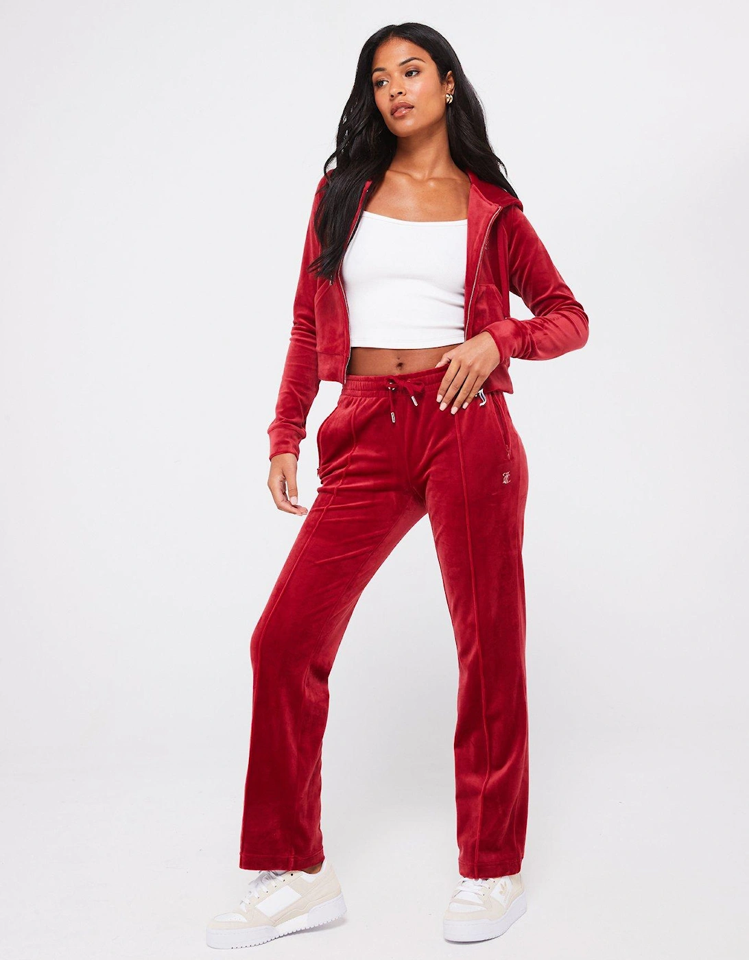 Tina Diamante Logo Velour Trackpants - Red