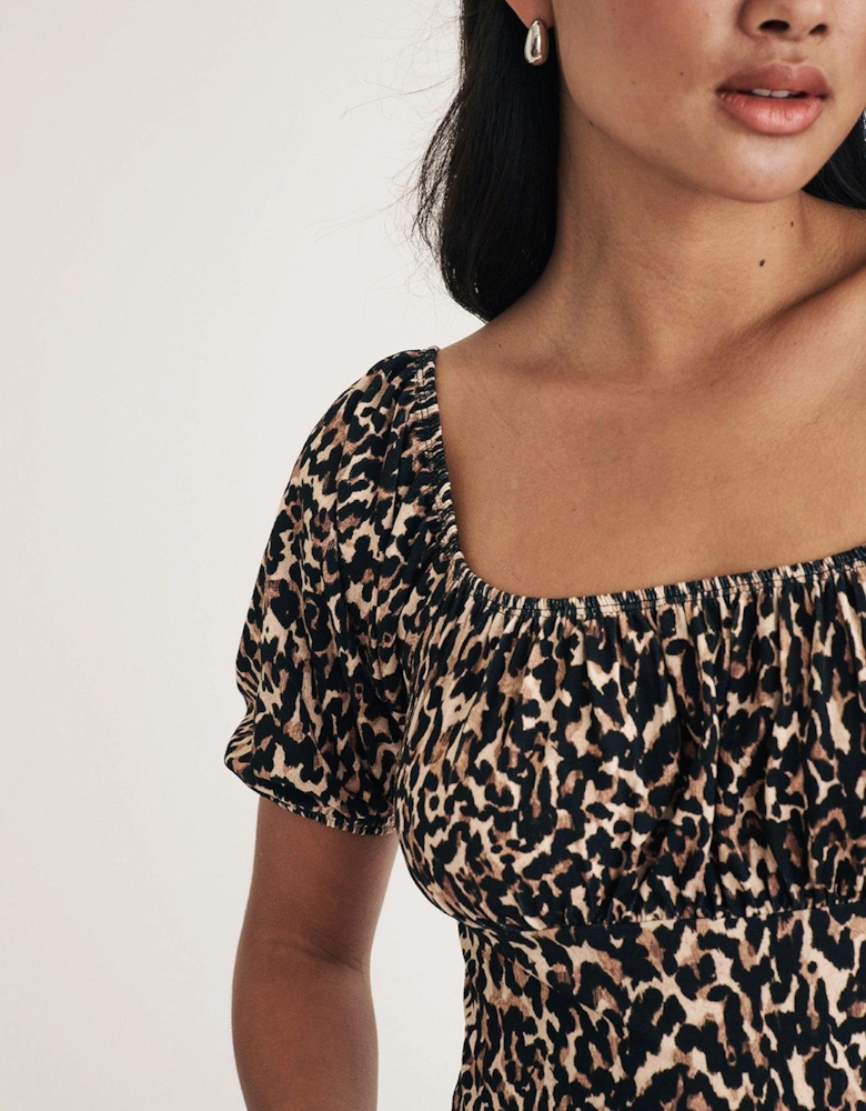 Square Neck Puff Sleeve Top - Leopard - Multi