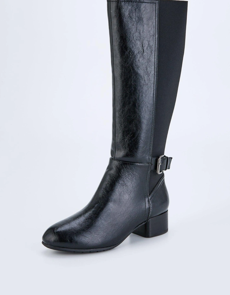 Wide Fit Knee High Comfort Boot With Elastic Back - Black