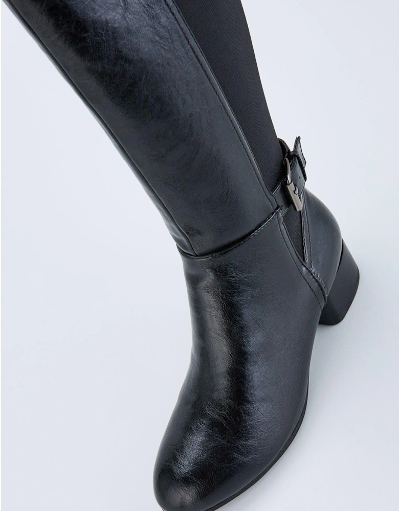 Wide Fit Knee High Comfort Boot With Elastic Back - Black