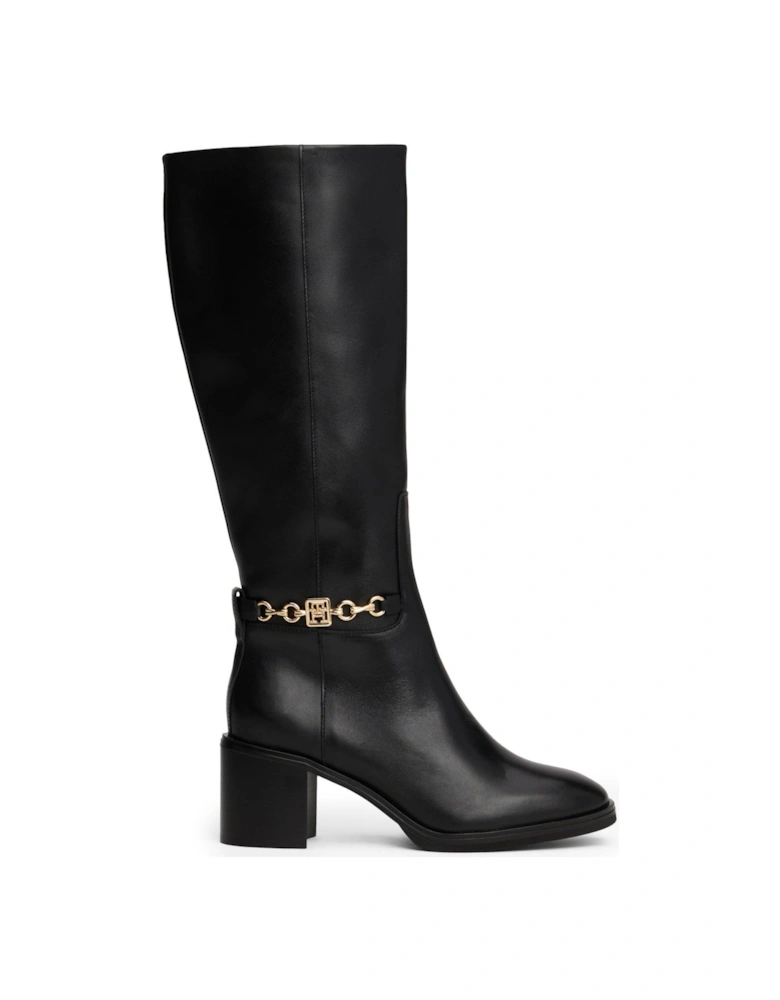 Chain Detail Leather Calf Boots - Black