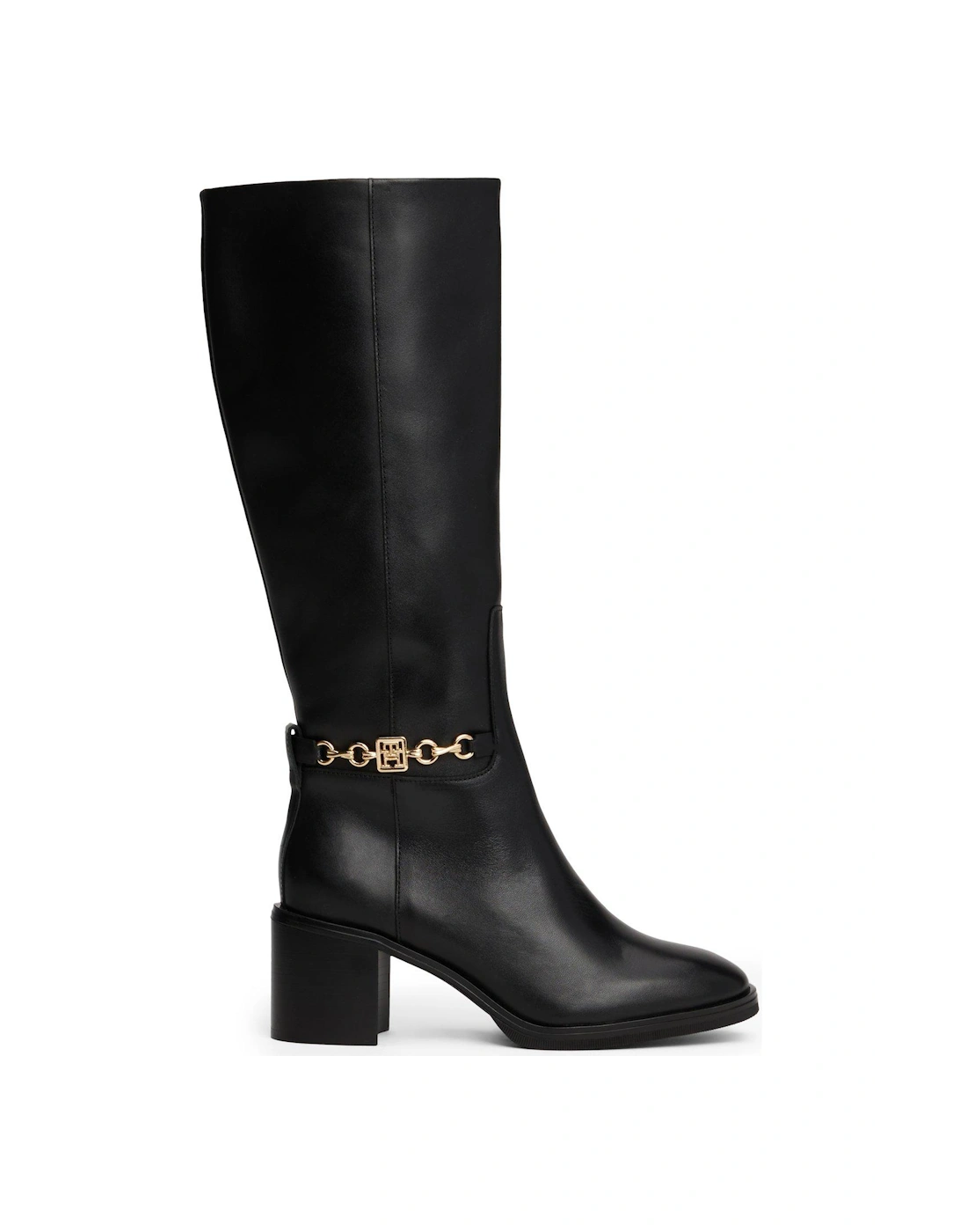 Chain Detail Leather Calf Boots - Black