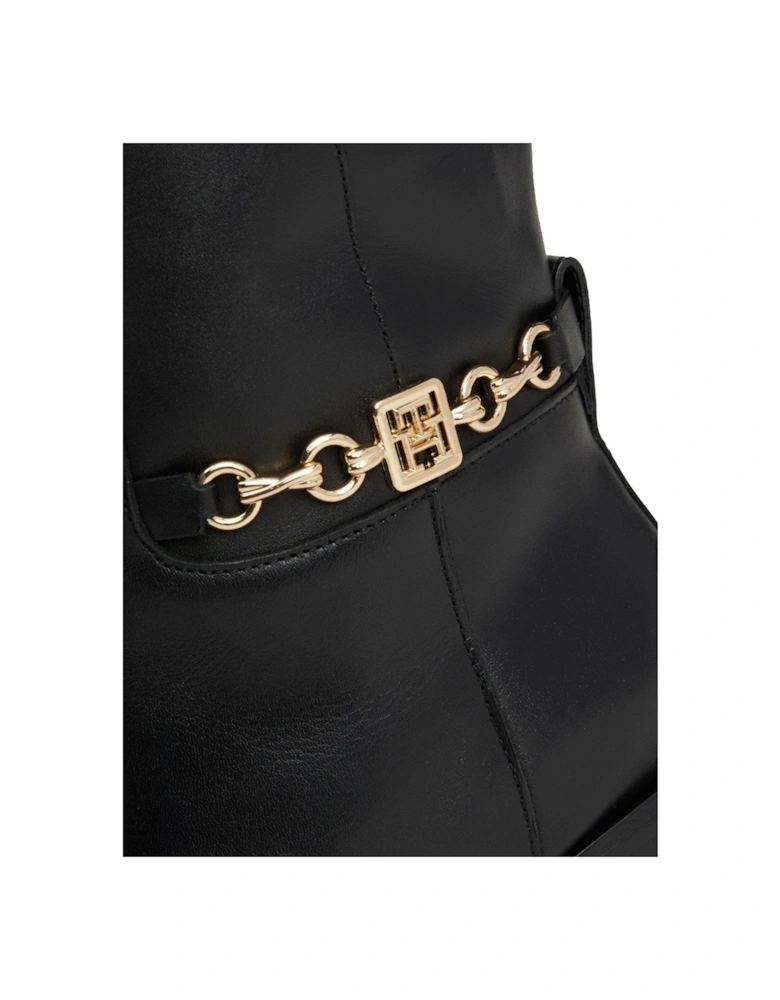 Chain Detail Leather Calf Boots - Black