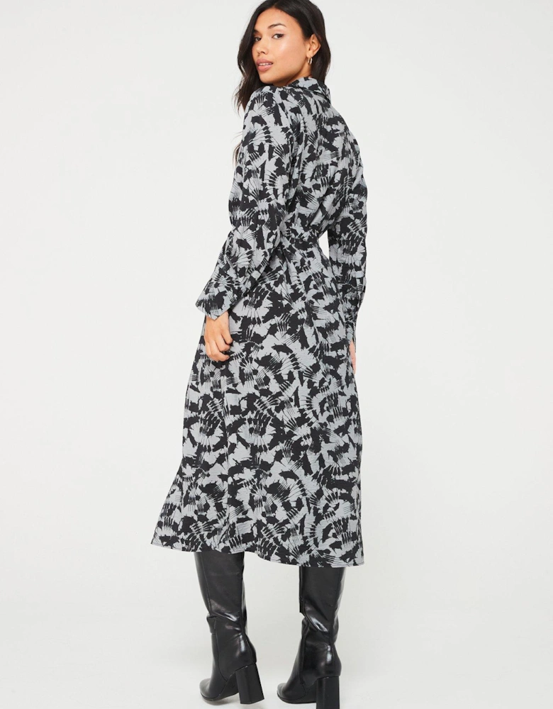 Printed Midi Shirt Dress - Grey