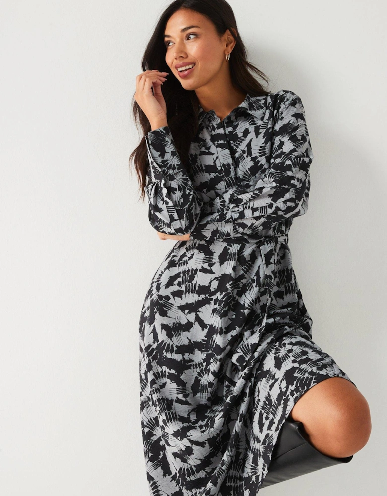 Printed Midi Shirt Dress - Grey