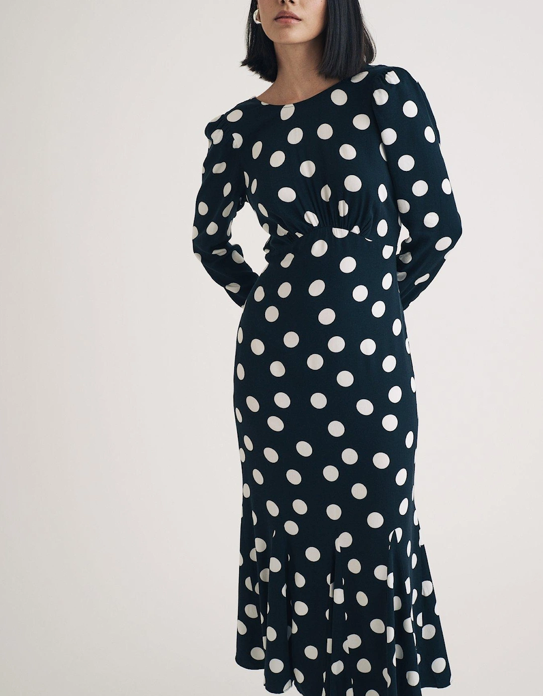 Long Sleeve Polka Dot Midi Dress - Black