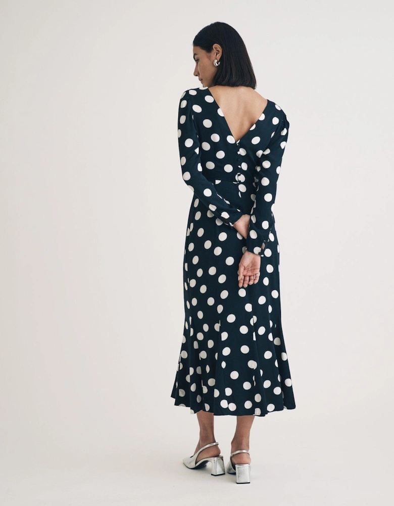 Long Sleeve Polka Dot Midi Dress - Black