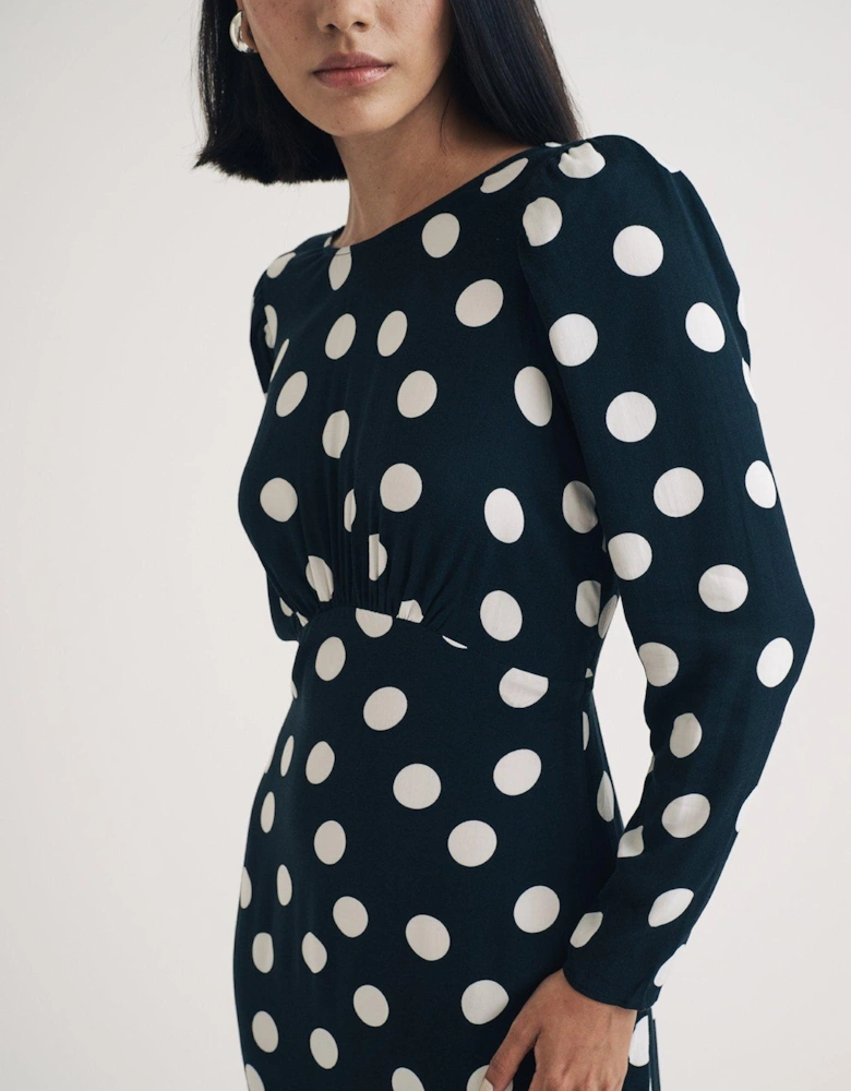 Long Sleeve Polka Dot Midi Dress - Black