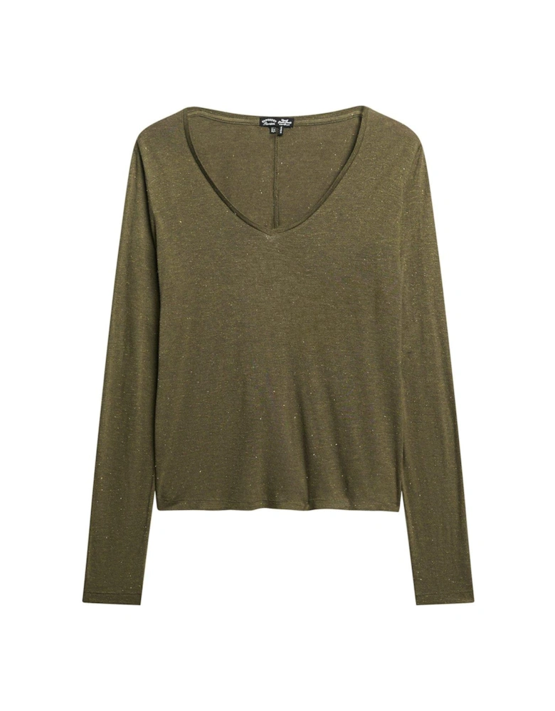 Long Sleeve V Neck Jersey Top - Green