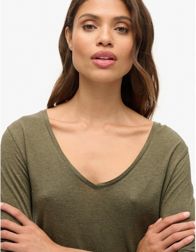 Long Sleeve V Neck Jersey Top - Green