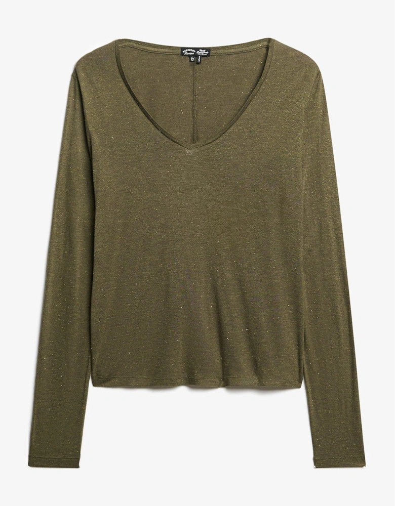 Long Sleeve V Neck Jersey Top - Green