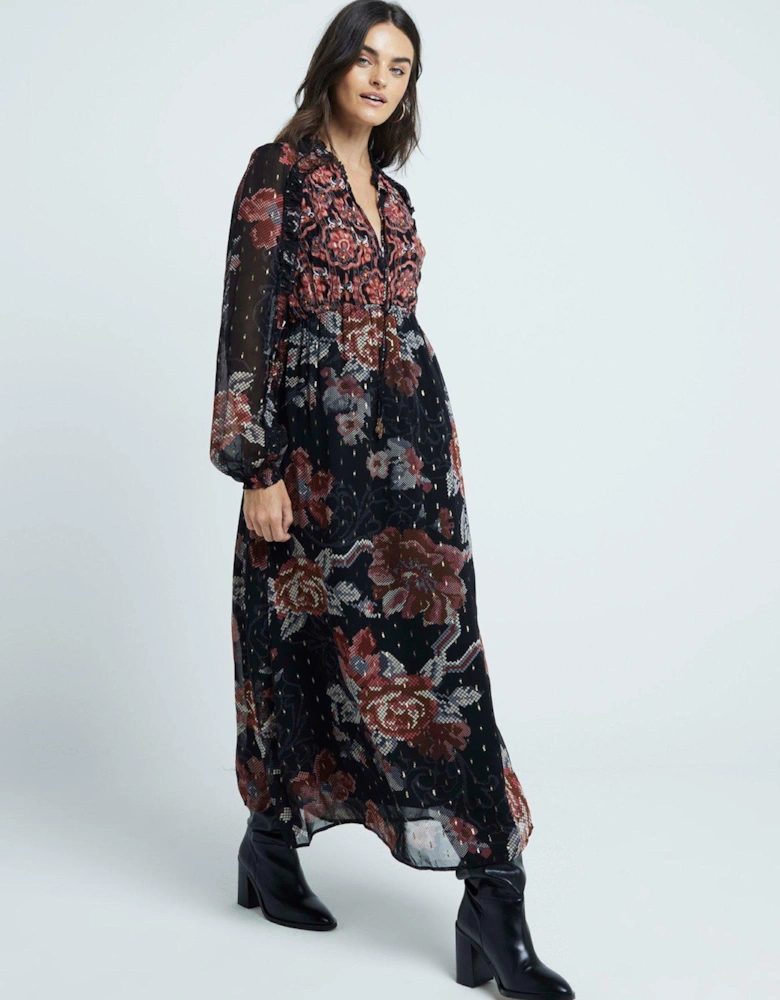 Floral Smock Midi Dress - Multicolour - Black