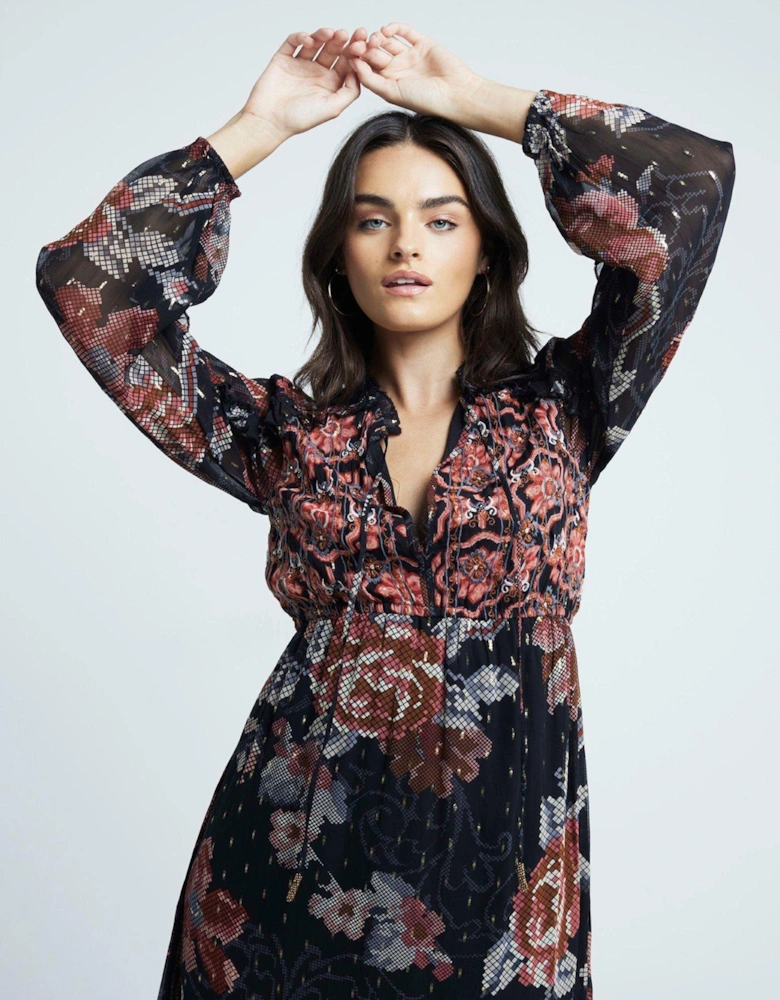 Floral Smock Midi Dress - Multicolour - Black