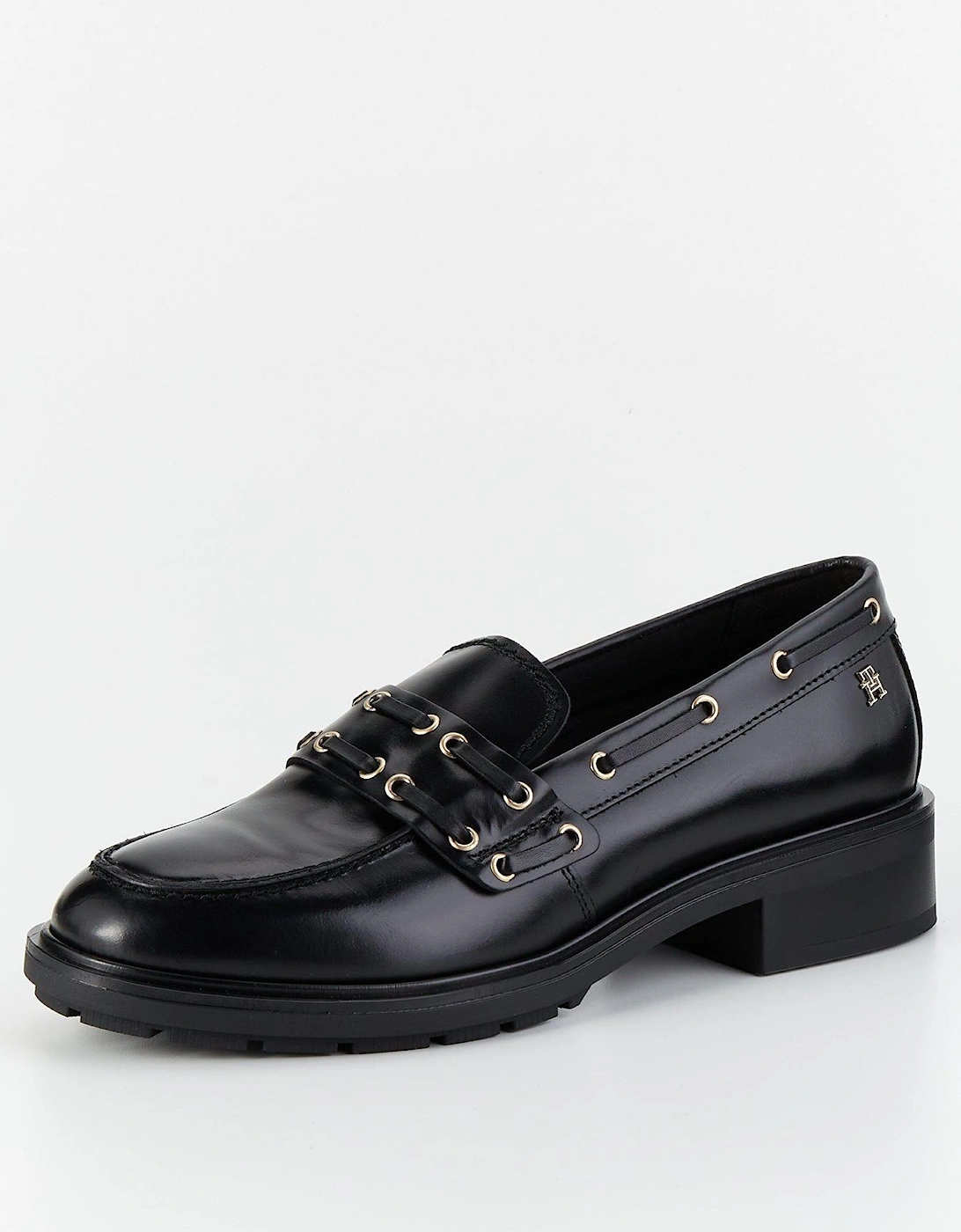 Eyelet Detail Leather Loafers - Black