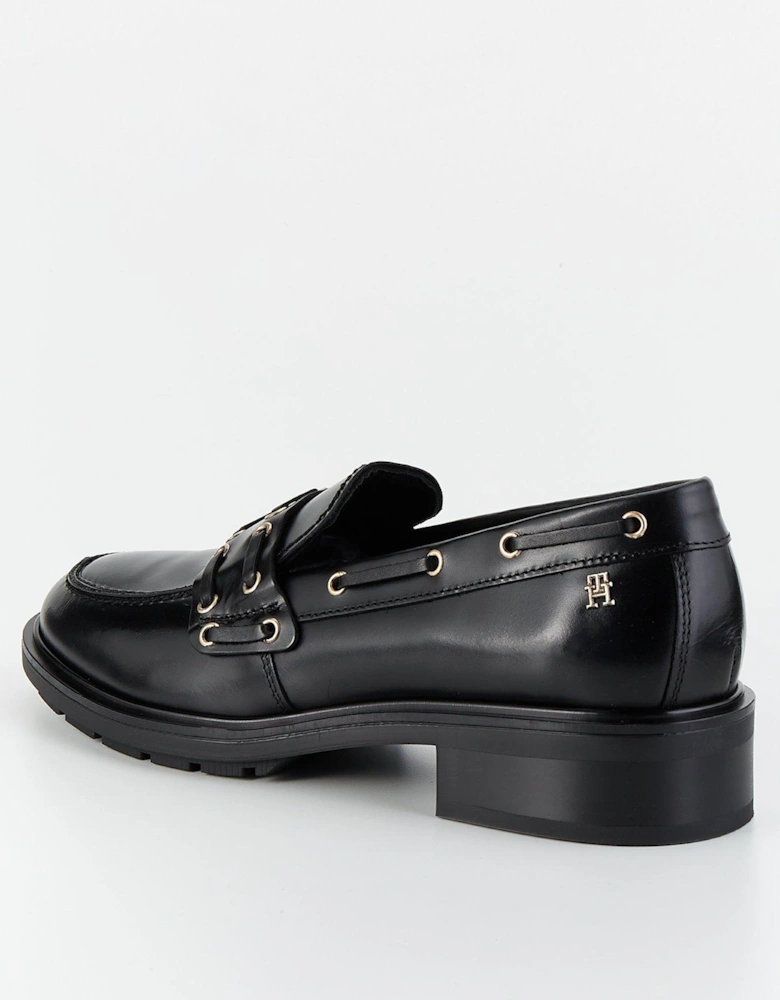 Eyelet Detail Leather Loafers - Black