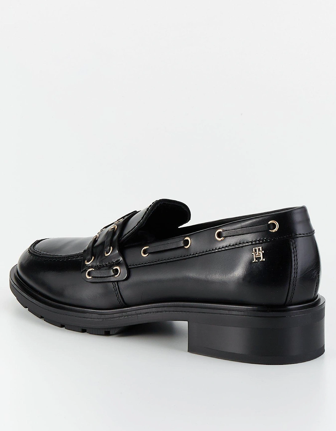 Eyelet Detail Leather Loafers - Black