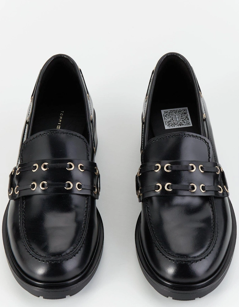 Eyelet Detail Leather Loafers - Black