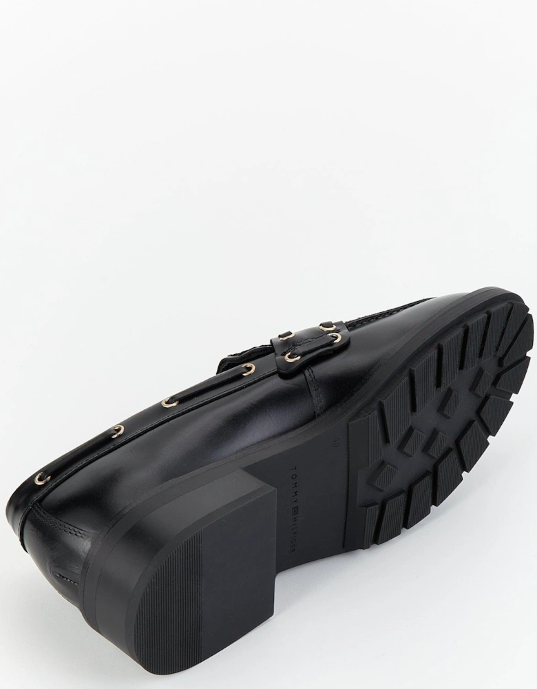 Eyelet Detail Leather Loafers - Black