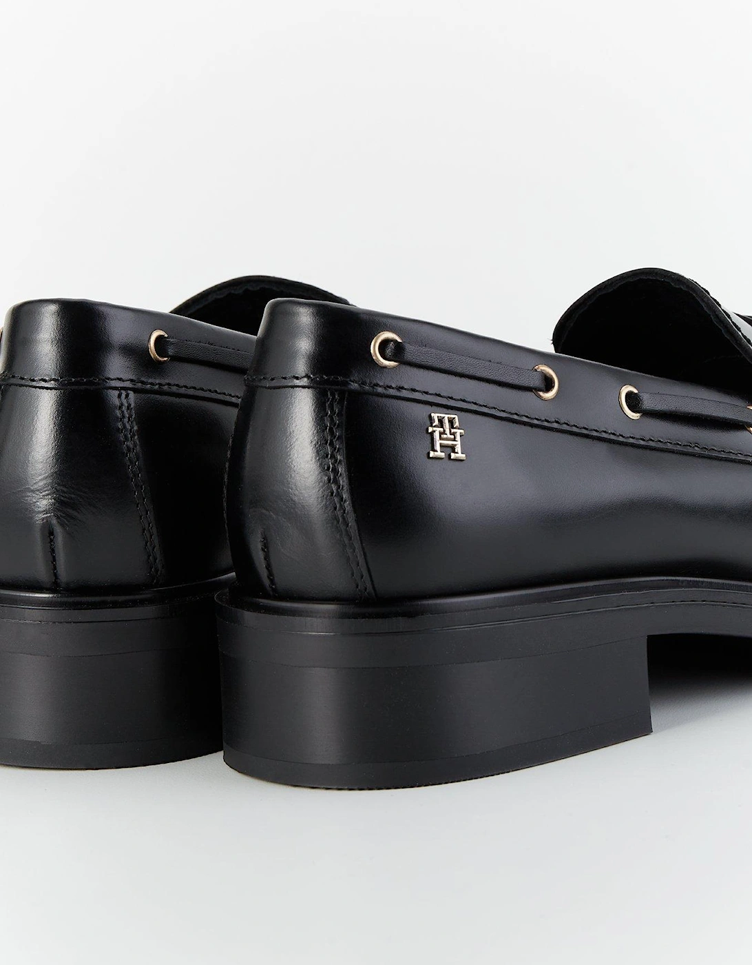 Eyelet Detail Leather Loafers - Black